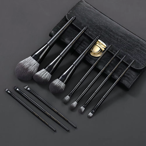 Black Edition Luxe Set of 10 Makeup Brushes with Elegant Gold Clasp Clutch Case