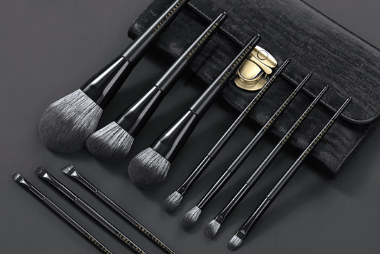 Black Edition Luxe Set of 10 Makeup Brushes with Elegant Gold Clasp Clutch Case
